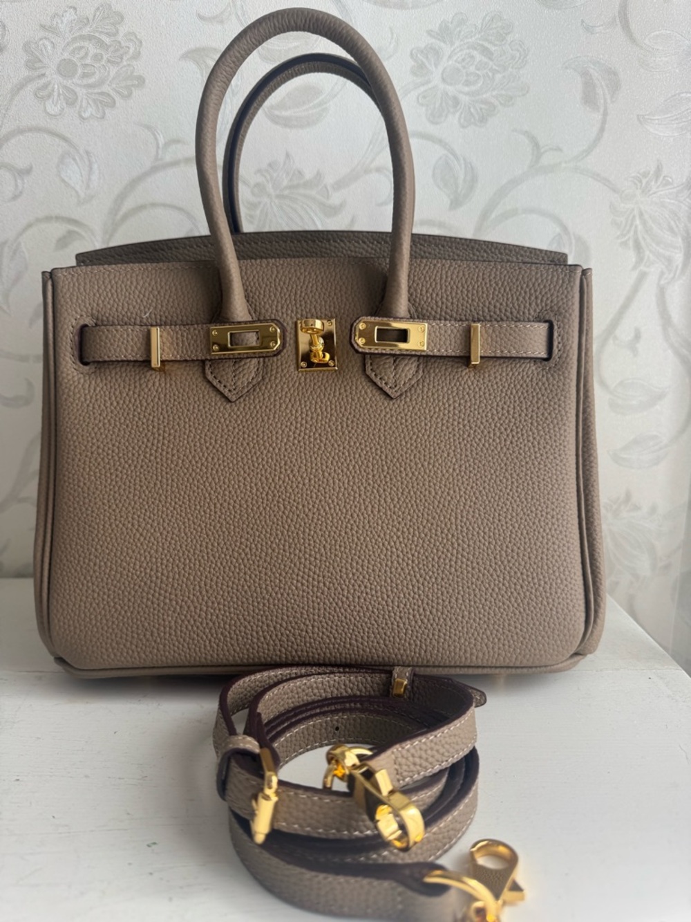 Taupe Leather Structured Satchel Handbag with Gold Hardware